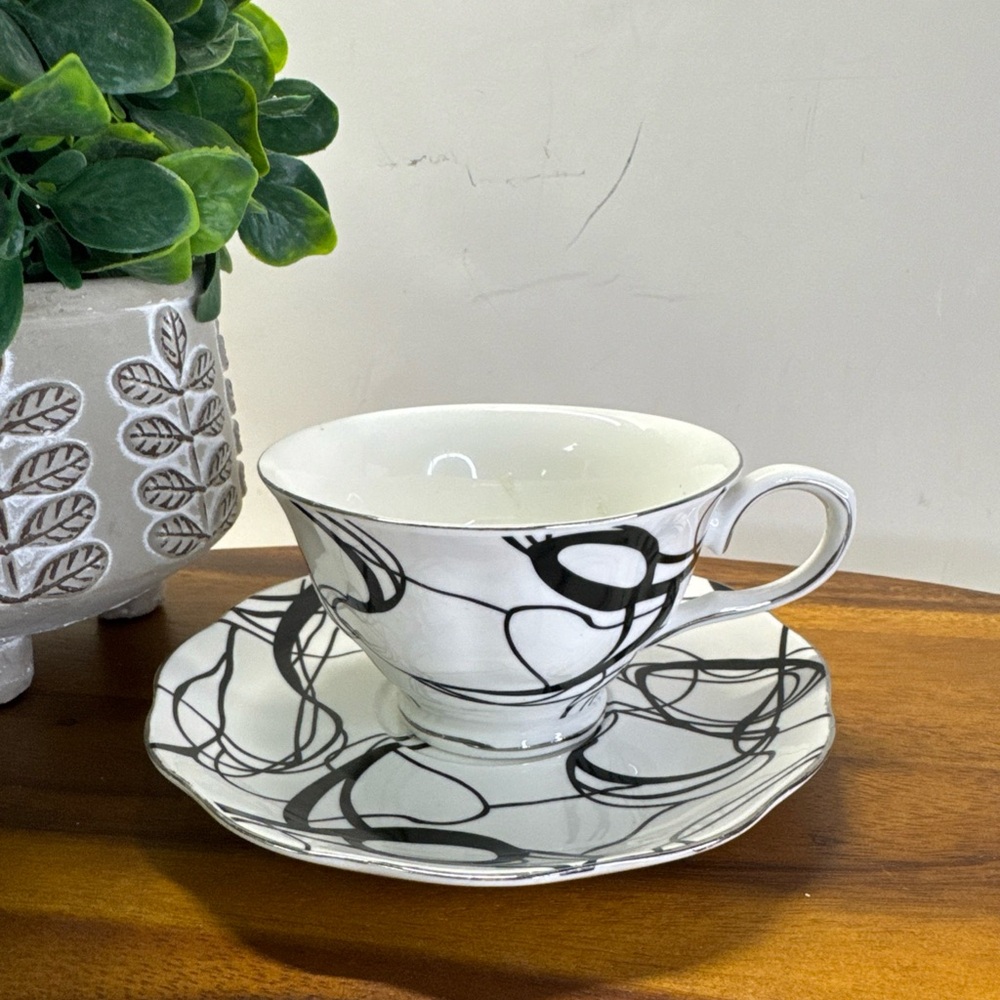 GRACE'S TEAWARE Porcelain Black & Silver Swirls Footed COFFEE TEACUP & SAUCER